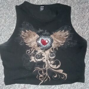 Shein black y2k rhinestone heart crop top L